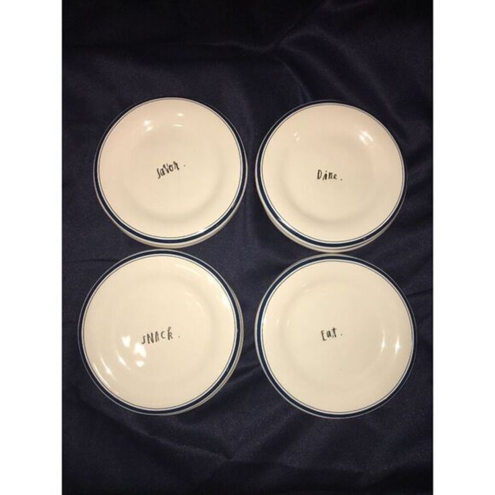 Rae Dunn "Blue Line" Dessert/Snack Plate Set Of 8 Savor Eat Dine Snack - Picture 3 of 7